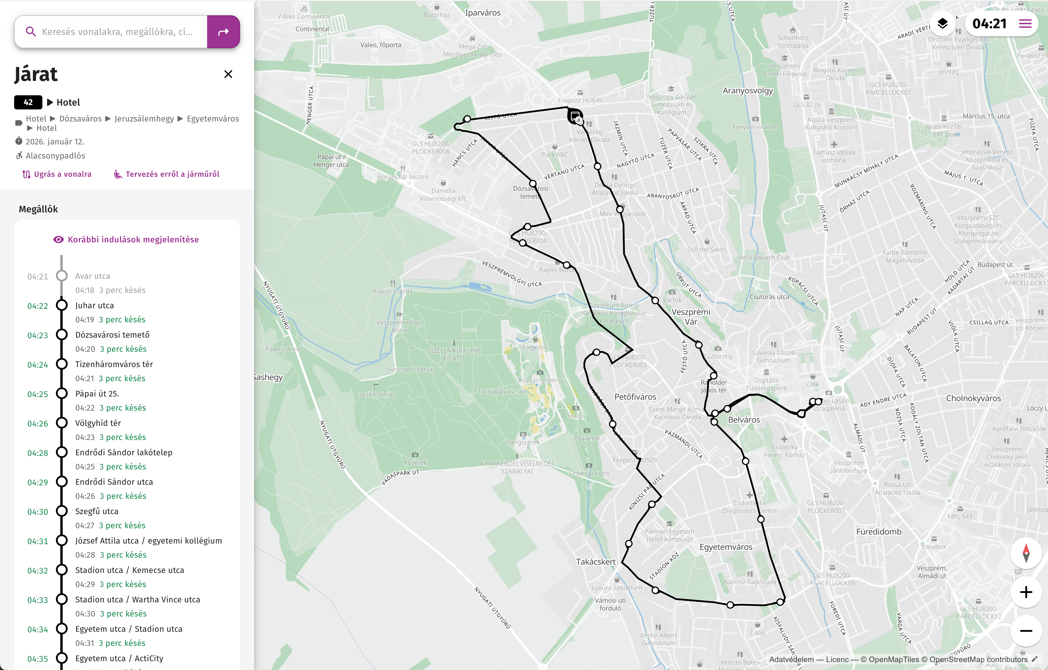 route map of a vehicle in Veszprém GO